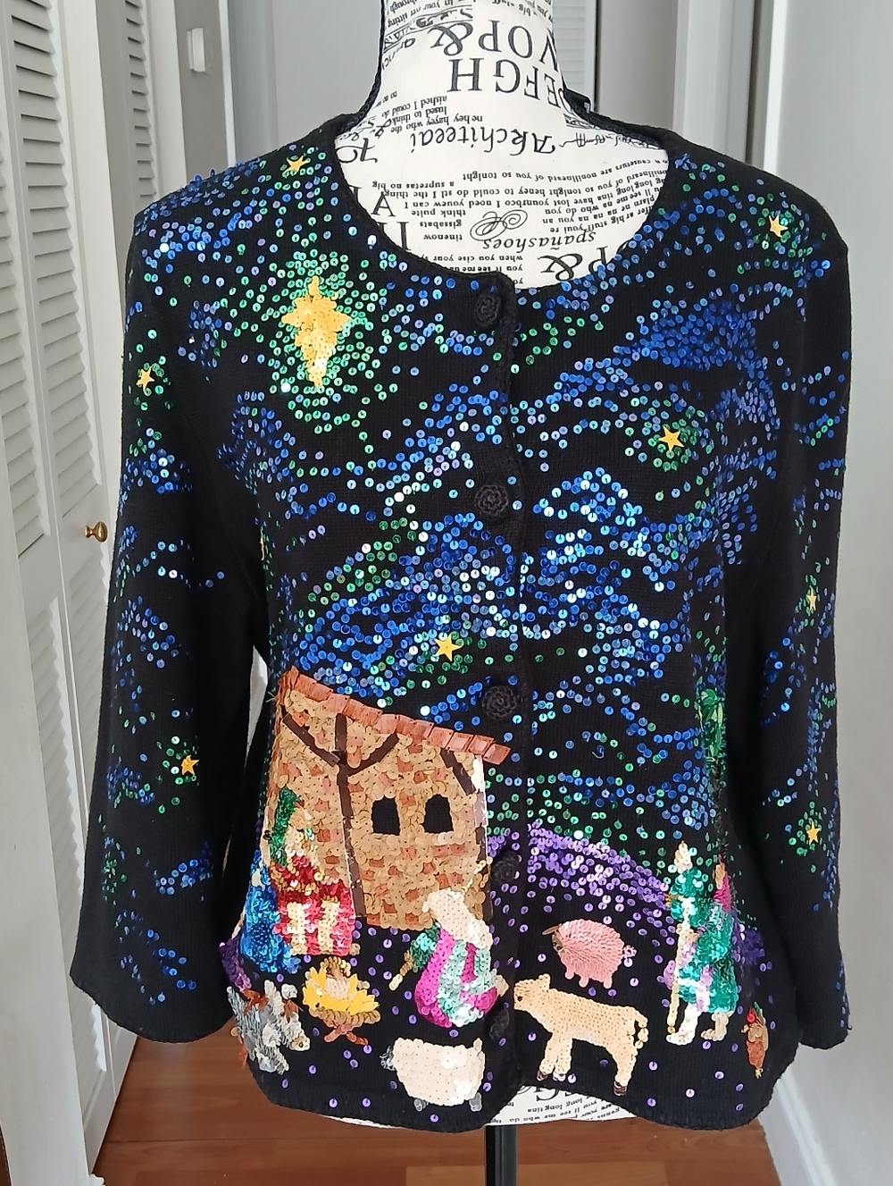 Michael Simon Christmas Sequin Nativity Scene Cardigan  Black